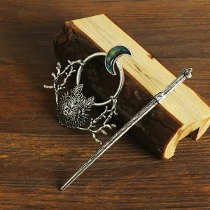 Vintage Viking alloy hair stick with moon and beast design, perfect for retro updo hairstyles.