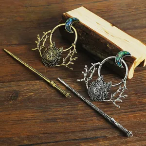 Vintage Viking hair stick set with crescent moon, antlers and animal face for women.