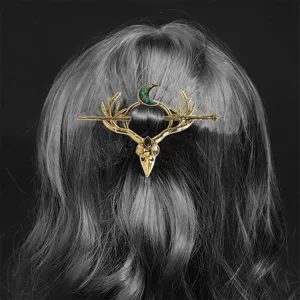 Viking retro raven deer antler hair stick detail view, gothic metal hair pin accent.