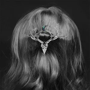 Detailed view of vintage viking raven antler hair stick gothic moon hairpin for women cosplay