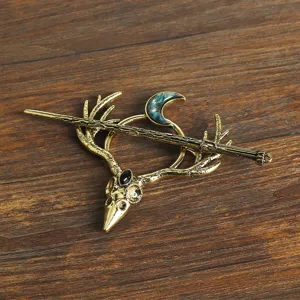 Vintage Viking Crow Skull Deer Antler Hair Pin Gothic Crescent Moon Hair Fork Accessory