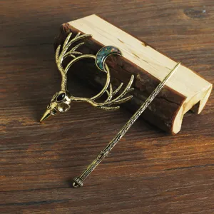 Vintage Viking crow skull antler hair pin detail shot, retro alloy gothic hair stick accessory.