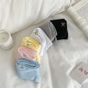 Women cotton mid-tube socks with cute bow embroidery, spring and autumn casual stacking socks.