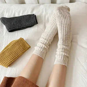 Close-up detail of cozy autumn winter wool knit socks with ribbed texture and cute speckles.