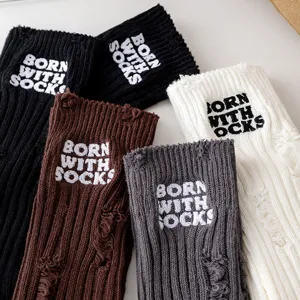 Distressed embroidered knit calf socks for women, thick winter cotton stack socks