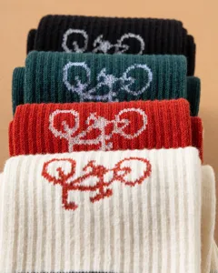 Comfortable ribbed cotton socks with unique knit bicycle pattern, casual style for daily wear.