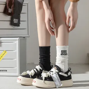 Women distressed ribbed knit crew socks fashion casual cotton mid-tube socks pair