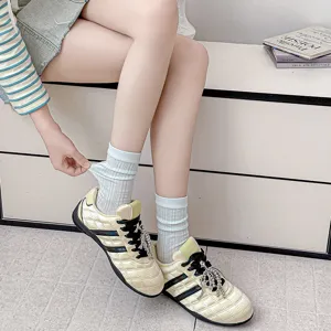 Comfortable women's mid-calf mesh vertical stripe cooling socks, perfect for spring and summer.