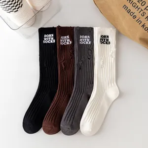 Women autumn winter thick needle ripped embroidered long calf socks casual cotton crew socks set