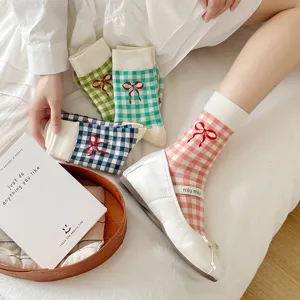 Unisex Cotton Crew Socks Sweet Bowknot Plaid Casual Cute Socks For Women And Men Daily Fashion Hosiery Gift