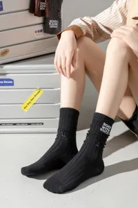 Women black distressed ribbed mid-calf socks with cute embroidery cuff fashion autumn winter warm cotton socks