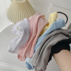 Women cotton mid-tube socks spring summer casual solid color ribbed stacked socks pair