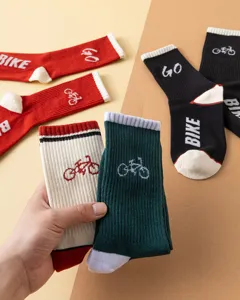 Unisex casual cotton mid-calf socks with bicycle embroidery and letter print for daily wear.