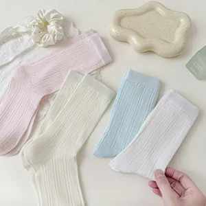 Women casual solid color ribbed mid-tube socks breathable cute spring summer hosiery