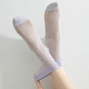 Ultra-thin sheer ribbed mid-calf socks, breathable mulberry silk mesh ballet style socks.