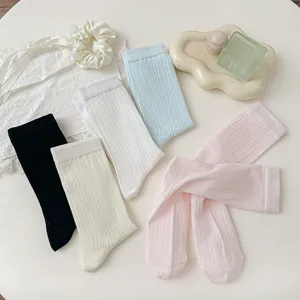 Women solid color mid-calf ribbed breathable mesh socks spring summer casual hosiery