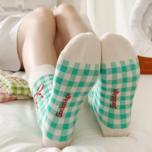 Green white plaid cotton mid-tube socks with red bow and sole letter print casual wear