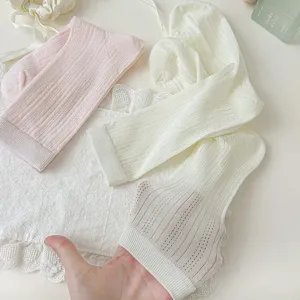Detailed close-up view of women solid color breathable mesh vertical striped slouch socks.