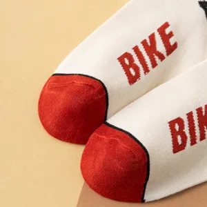 Casual cotton socks with red toe and letter print, comfortable stylish sports skateboard wear.