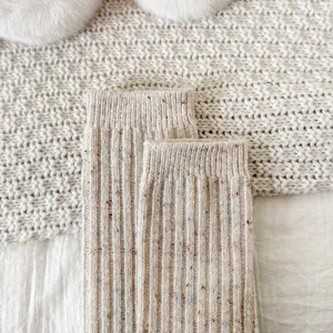 Detailed view of cozy knit speckled wool-blend mid-calf socks featuring soft ribbed texture.