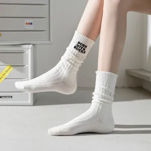 Women white distressed knit mid-calf socks with cute embroidery fashion winter warm socks