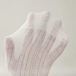 Women breathable mesh vertical striped slouch socks detail view, elastic white knit hosiery.