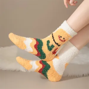 Winter warm coral fleece fuzzy socks for women, thick non-slip cute Christmas sleep socks.