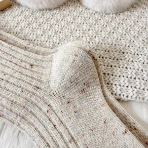 Cozy thick knit wool blend crew socks detail showing soft tweed texture and ribbed pattern.