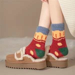 Winter plush coral fleece fuzzy socks paired with warm slip-on platform shoes for cozy indoor wear.