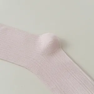Women breathable pink knit mid-tube socks detail view mesh vertical stripes summer
