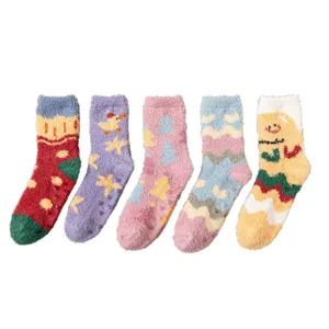 Women winter fuzzy coral fleece cozy socks with cute patterns and anti slip grip for indoor use