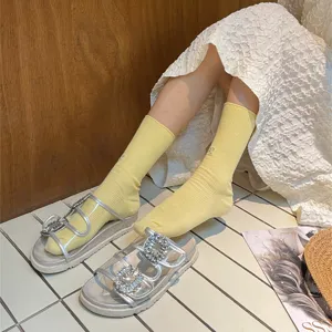 Women spring summer cotton mid-tube stack socks with delicate butterfly embroidery chic style.