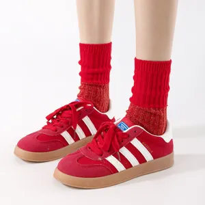 Red thick knitted mid-tube socks detail, cozy cotton breathable daily wear stack socks