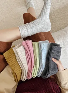 Detailed view of thick winter knit wool blend crew socks in assorted colorful design.