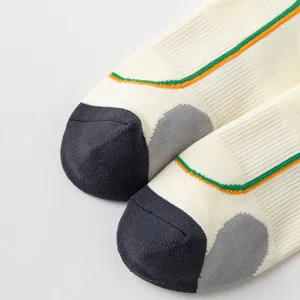 Detailed view of breathable athletic compression crew socks with reinforced toe and heel design.