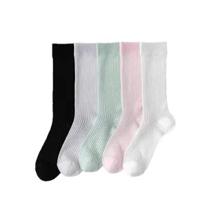 Classic solid color ribbed mid-calf socks set, comfortable cotton daily wear for women.