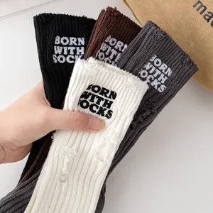 Women thick knitted distressed crew socks with embroidery design, casual warm winter socks.