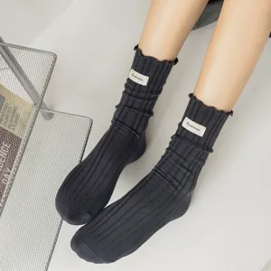 Women autumn winter sweet lettuce edge ribbed slouch socks cotton mid tube socks stylish