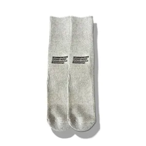 Detailed view of casual light grey ribbed knit mid-calf socks with English letter prints.
