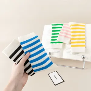 Breathable striped mid-calf socks detail view, candy color retro style, soft fabric daily wear.