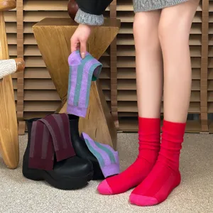 Women Fashion Vertical Striped Mid Calf Socks Colorblocked Casual Cotton Blend Slouch Socks Retro Winter Hosiery
