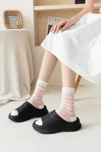 Breathable mesh striped mid-tube socks detail view, candy color summer thin soft style.