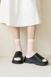 Mesh breathable striped mid-tube socks detail, candy color vintage style for summer wear.