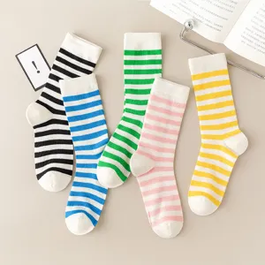 Detail view of breathable striped candy color socks, thin summer vintage cotton mid-tube socks.