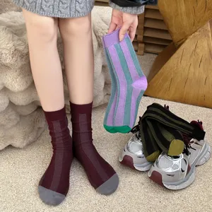 Vertical striped women mid-tube socks color block casual autumn winter fashion slouchy socks