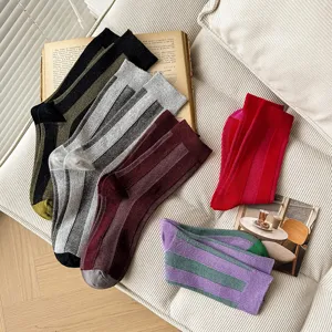 Color-block vertical striped casual mid-tube socks for cozy autumn winter daily wear.