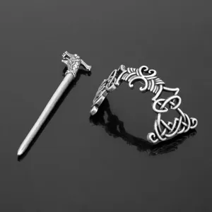 Vintage Nordic Viking dragon hairpin and Celtic knot hair clip set, detailed metal hair accessory.
