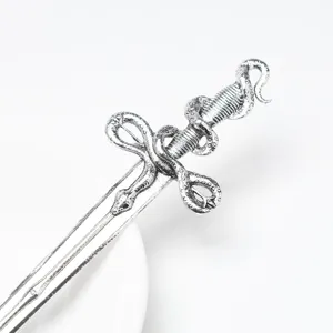 Silver metal sword hair stick with snake wrap design, gothic fantasy cosplay hair accessory detail.