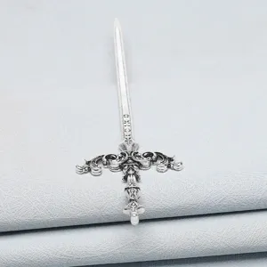 Vintage silver sword hair stick, gothic cross dagger hair fork for stylish retro hair buns.