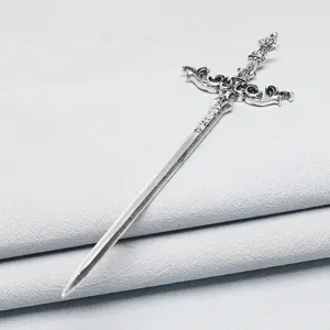 Retro metal sword hair stick, silver dagger pin for hanfu styling, gothic hair accessory.